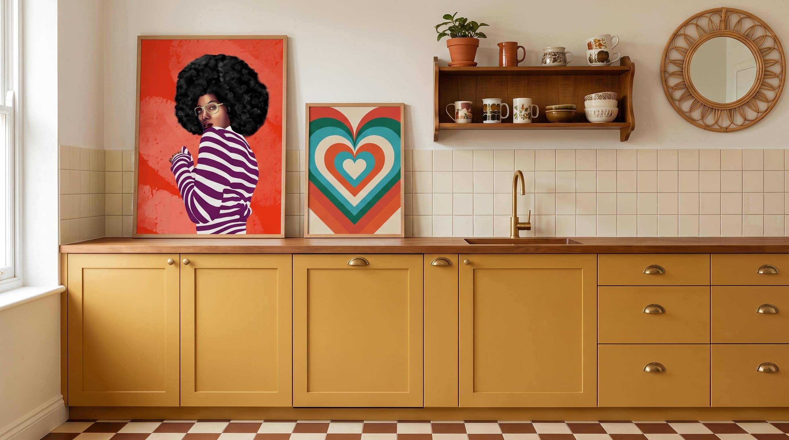 Retroinspirerat kök med tavelvägg: Bold Stripes och Concentric Hearts i olika ramstorlekar.
