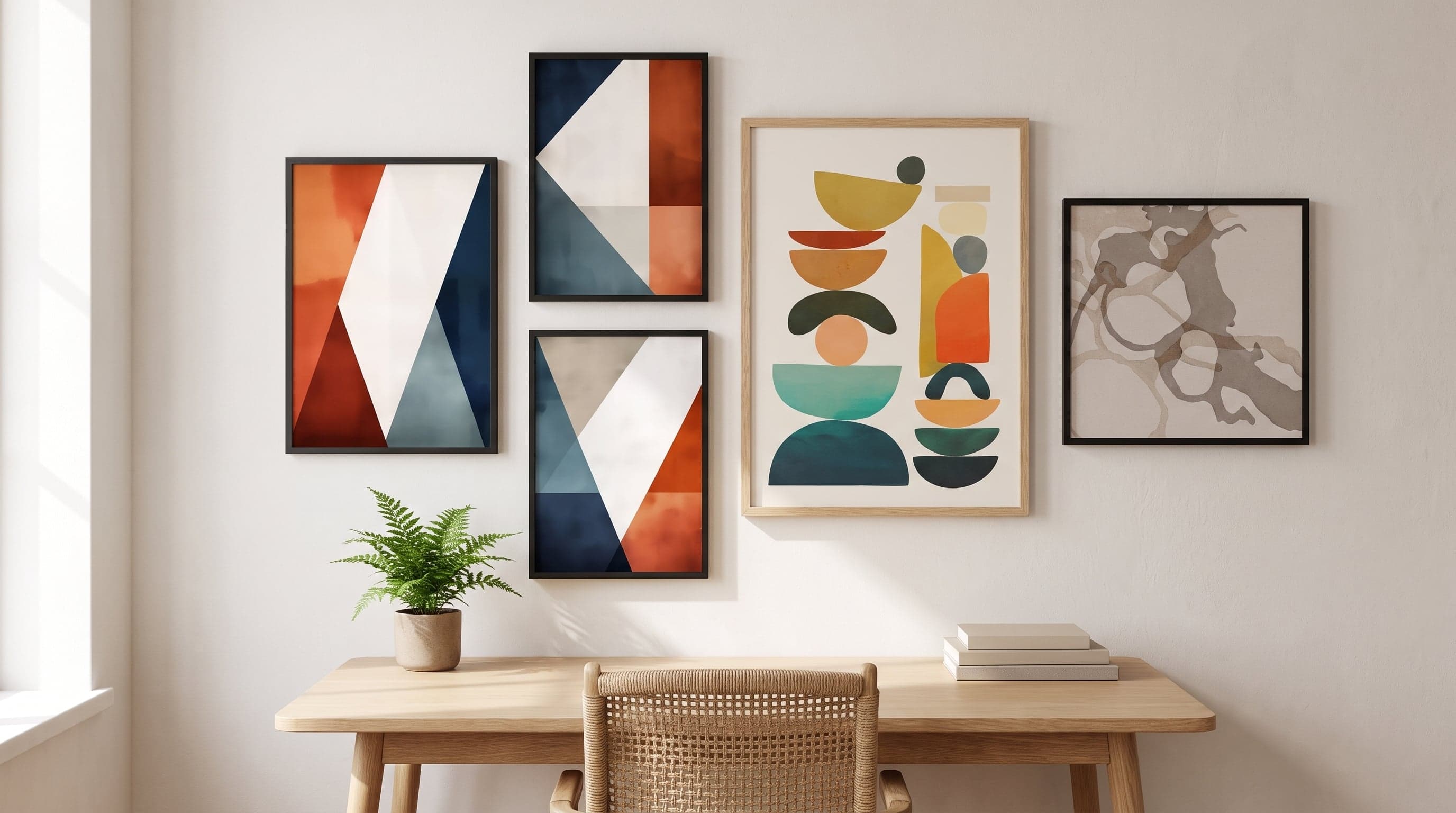 Hemmakontor med fem inramade grafiska posters i olika storlekar ovanför skrivbordet.