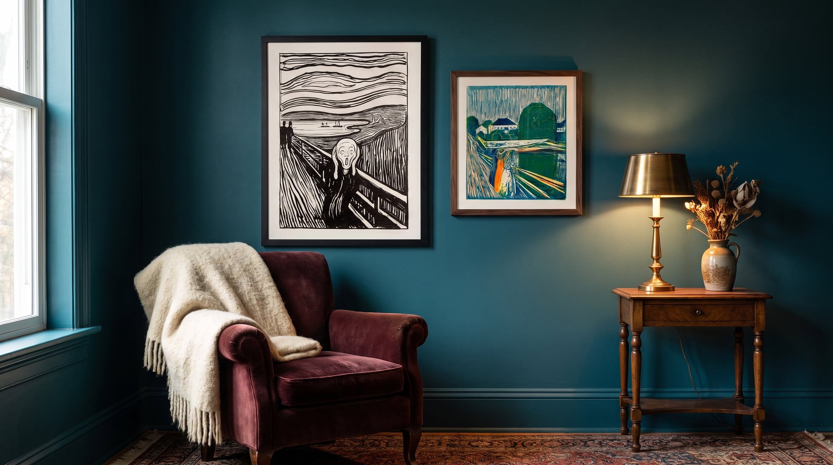 Two expressionist art prints in dark frames on a deep teal wall above a velvet armchair.