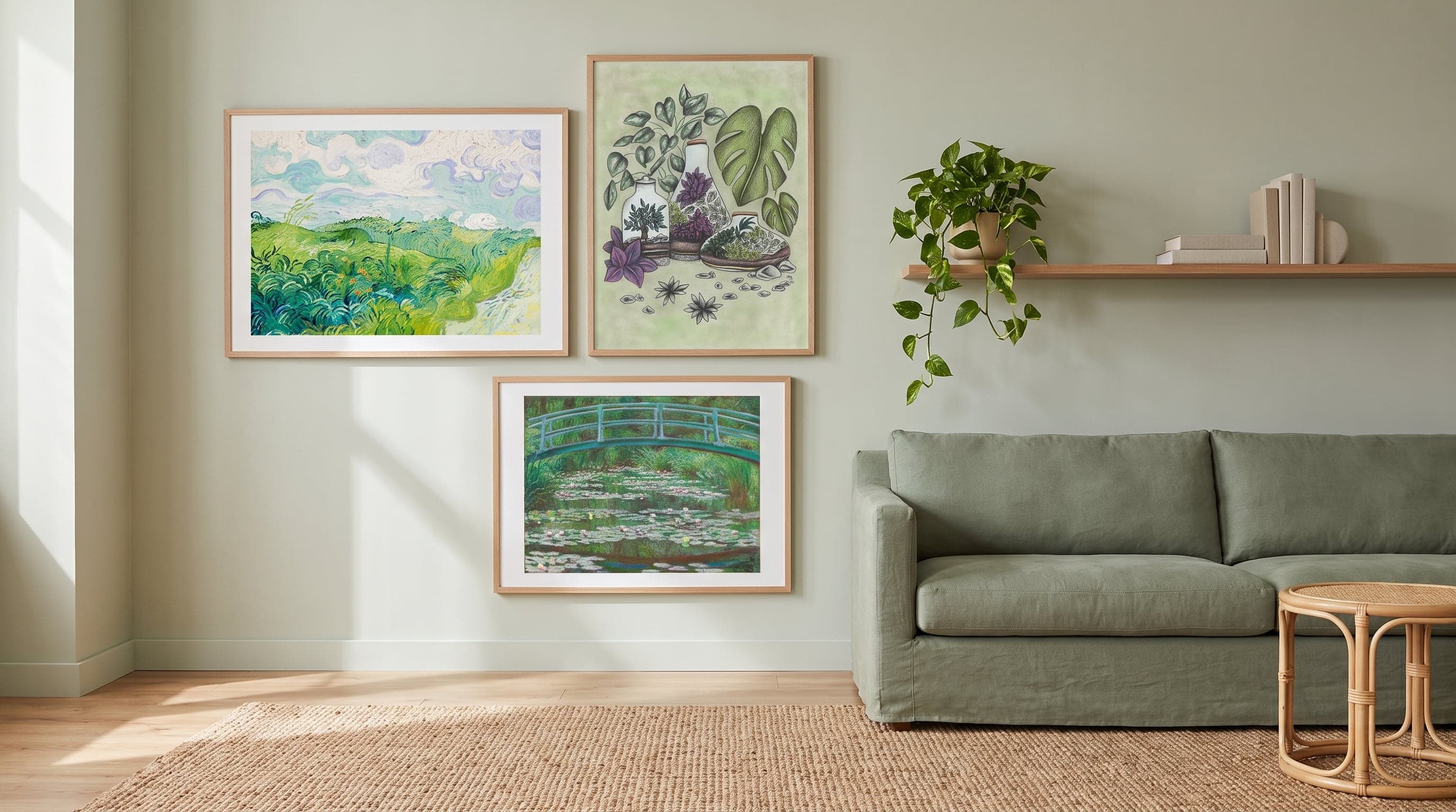Grön vardagsrumsvägg med Van Gogh, japansk bro och botanisk terrarium-poster i olika storlekar.