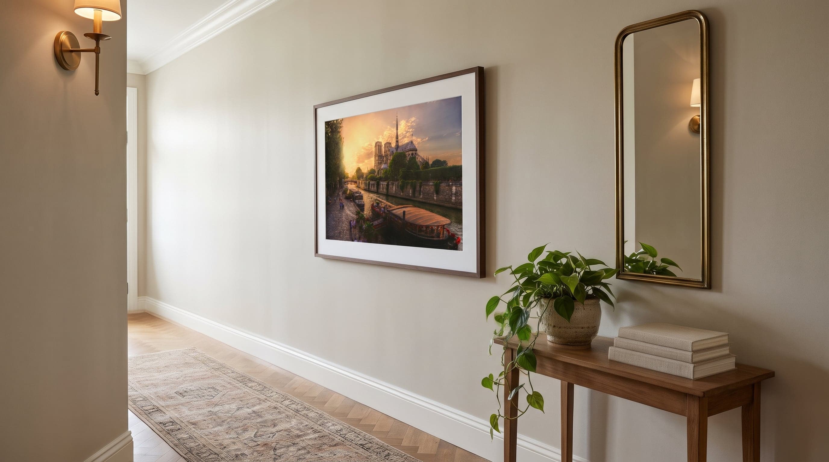 Hallvägg med Notre-Dame-poster, spegel och grönska skapar ett varmt första intryck.