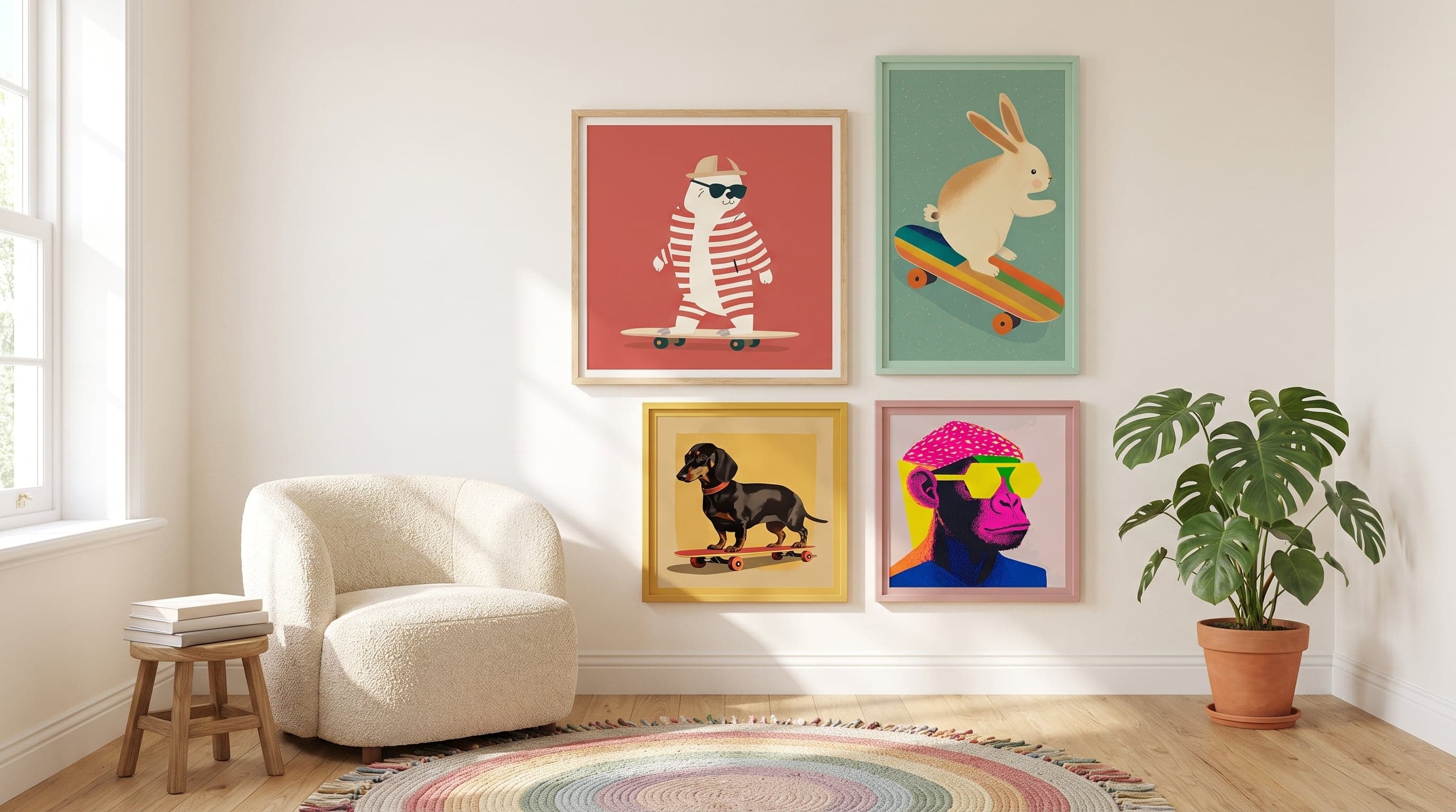 Lekfull tavelvägg med djurposters i barnrum – björn, kanin, hund och apa på skateboard.