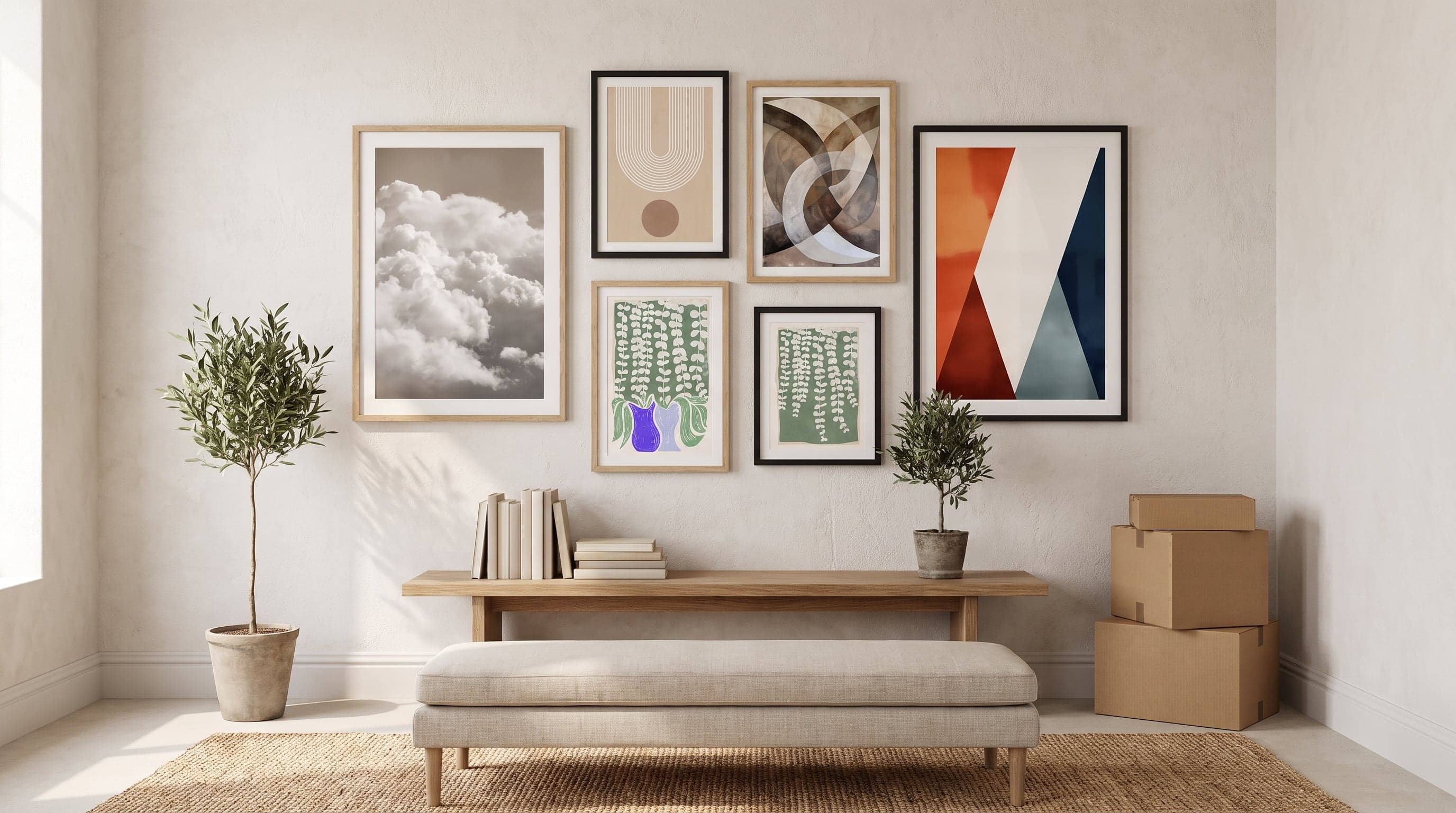 Gallery wall of six warm-toned art prints above a console table in a cozy, newly moved-in living room.