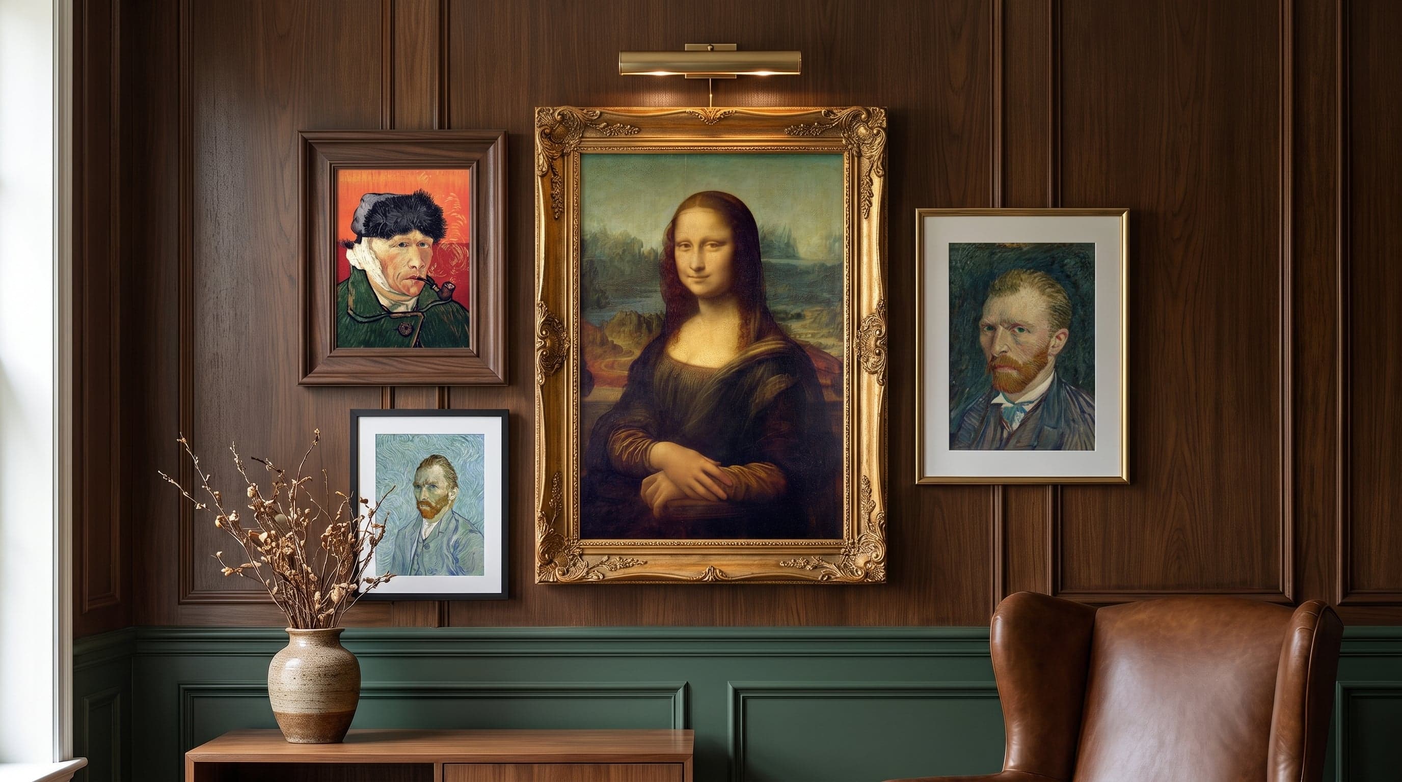 Klassisk väggkomposition med Mona Lisa och tre Van Gogh-självporträtt i olika ramar.