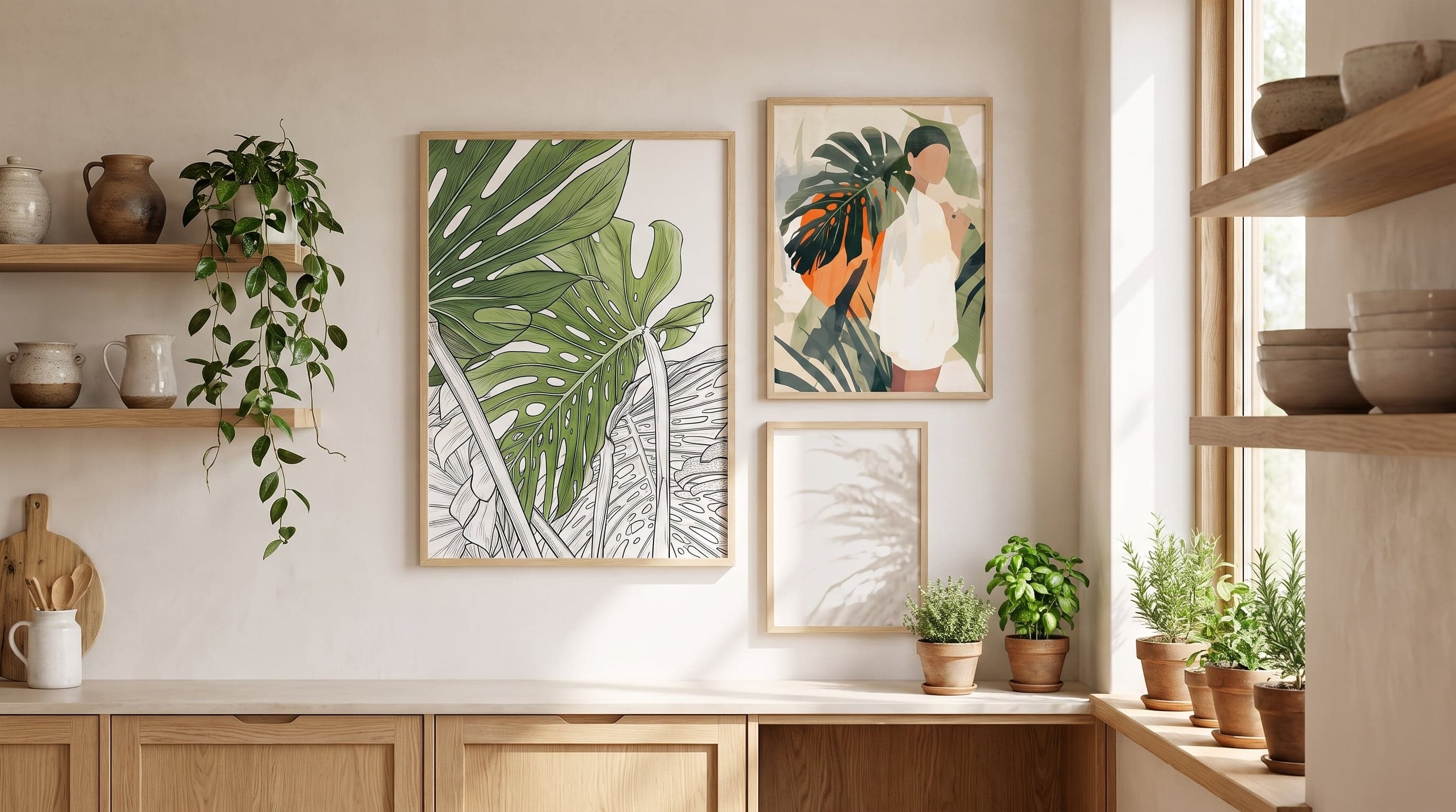 Köksvägg med tre botaniska posters ovanför fönsterbräda med krukväxter, mjukt dagsljus.