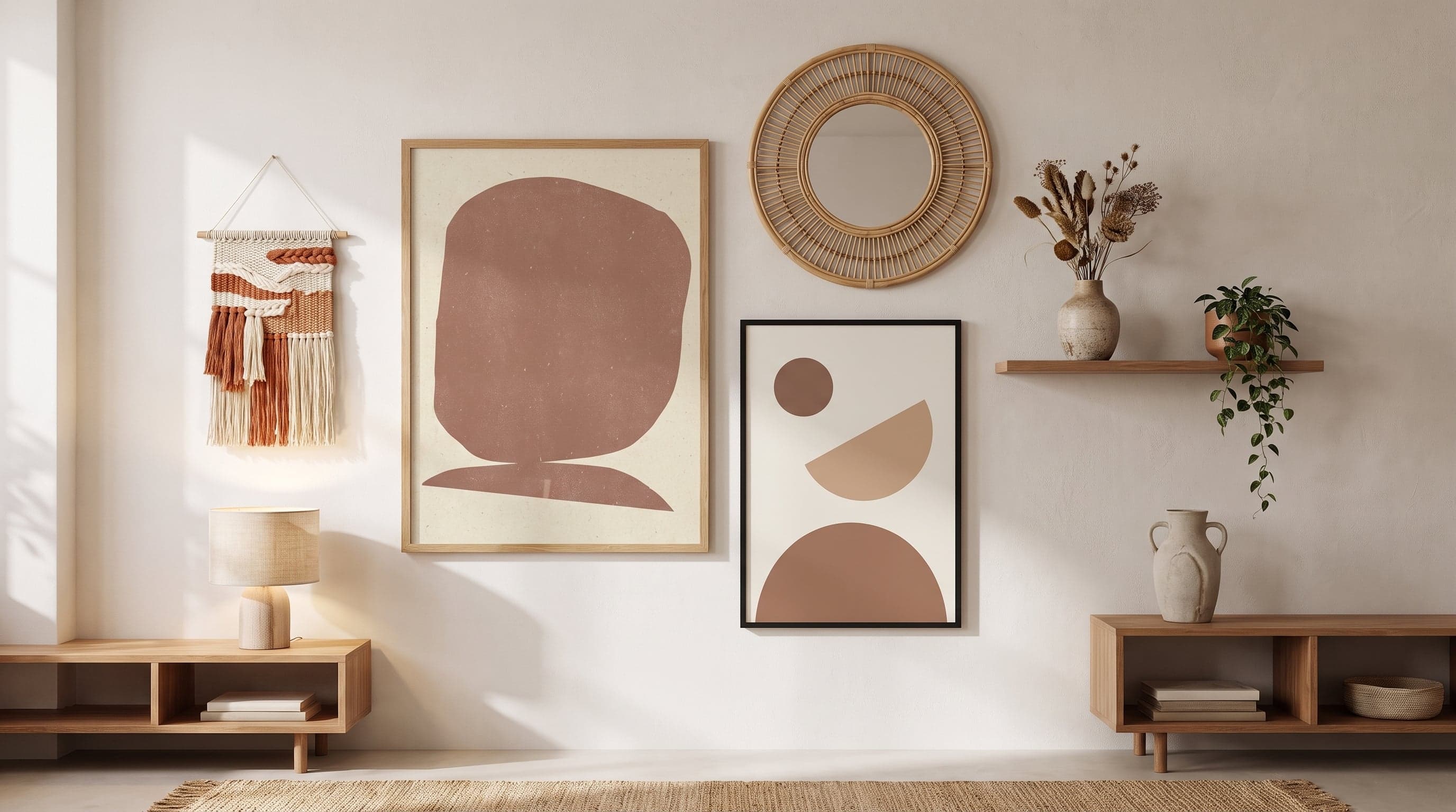 Tavelvägg med två posters i olika ramstorlekar, spegel och hylla i varm minimalistisk stil.