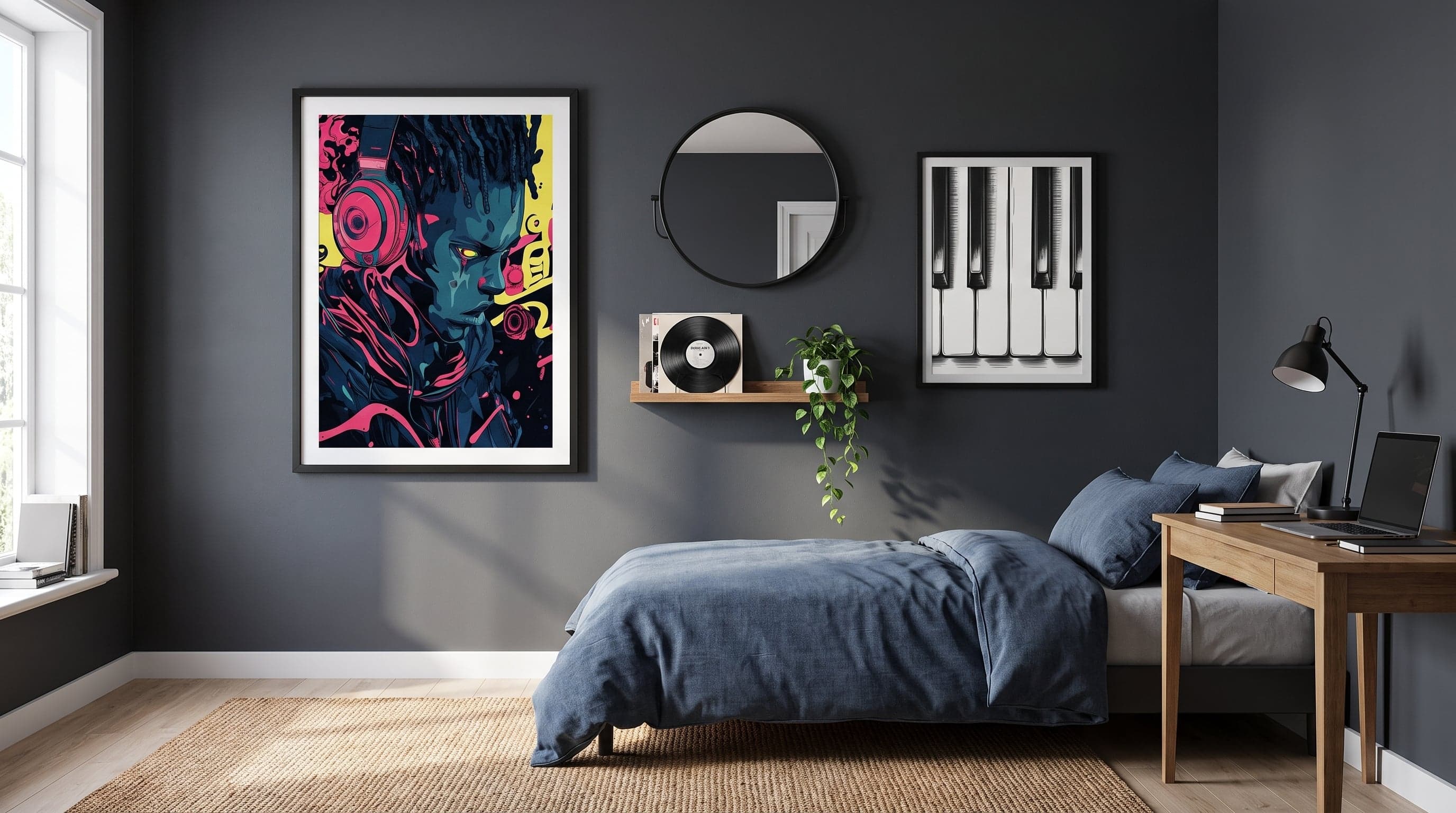 Tonårsrum med grafiska posters, Street Dj och Piano Keys, i mörk, musikinspirerad inredning.
