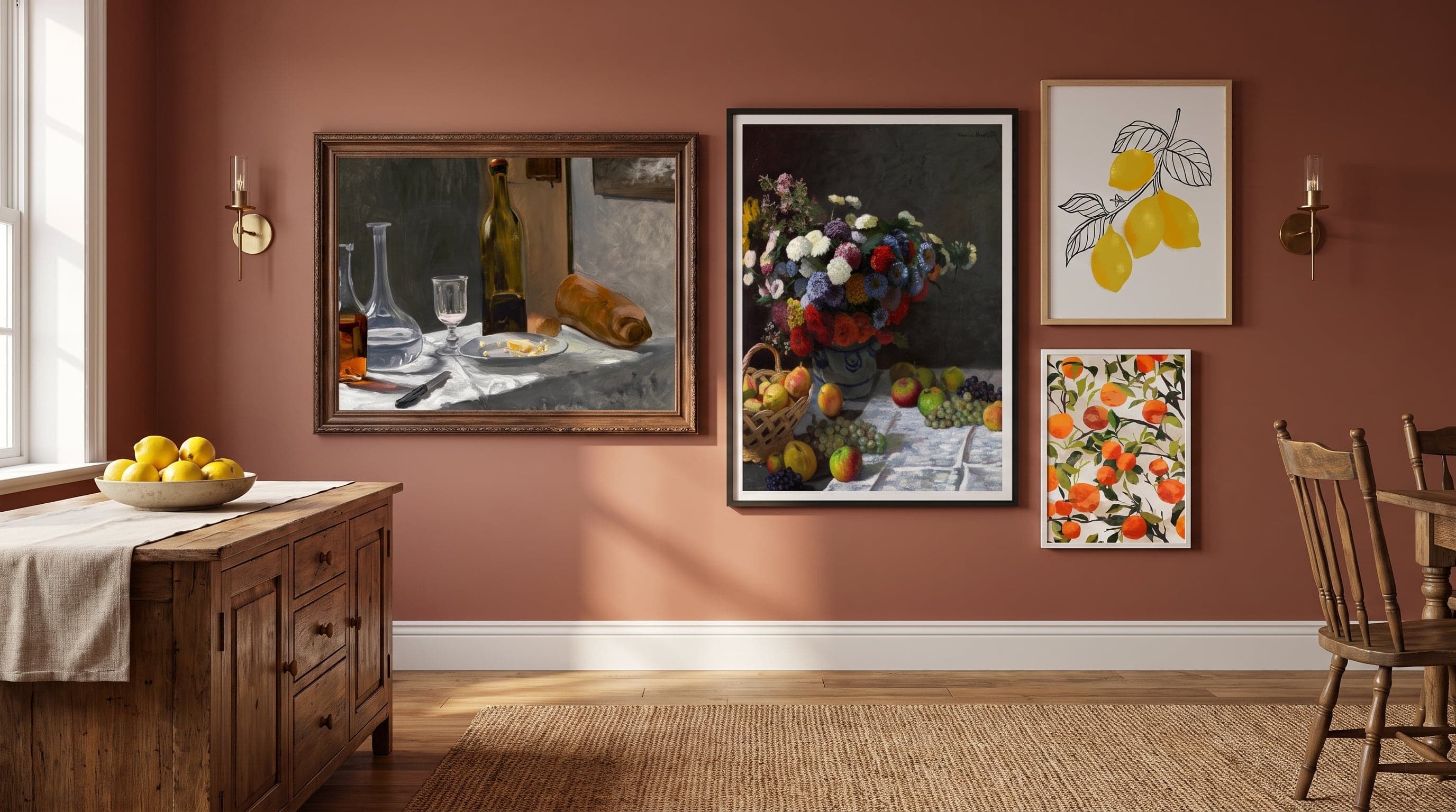 Matig galleriväggmed fyra tavlor: stilleben av Monet, citroner och apelsiner i varmt matrum.