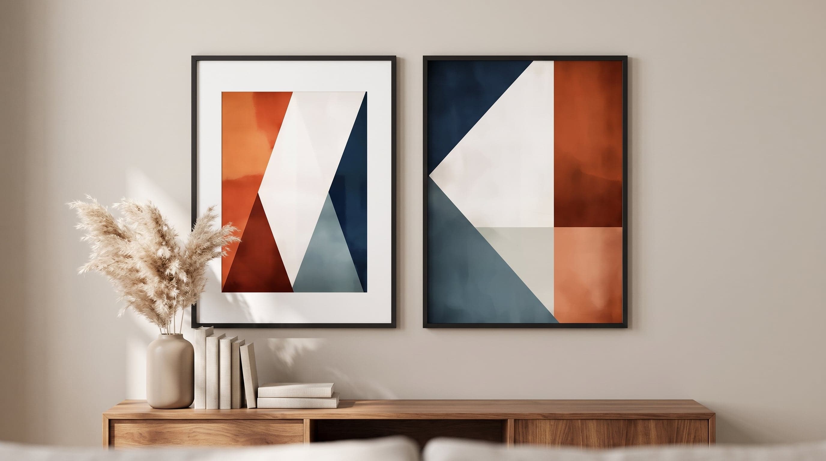 Två posters med geometriska former, en med vit marginal och en utan, på en varm vägg.